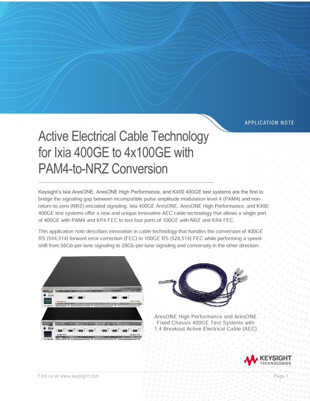 Active Electrical Cable Technology for Keysight 400GE to 4x100GE with ...