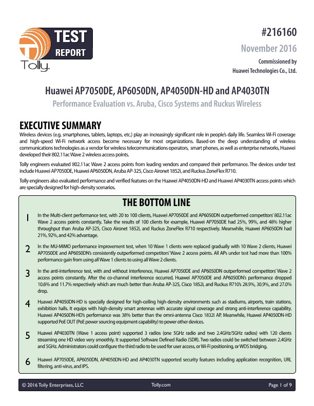 Tolly Test Report-Huawei 802.11ac Wave 2 AP Test Using IxChariot and WaveTest 90