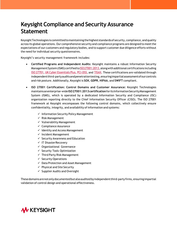 Keysight Compliance and Security Assurance Statement