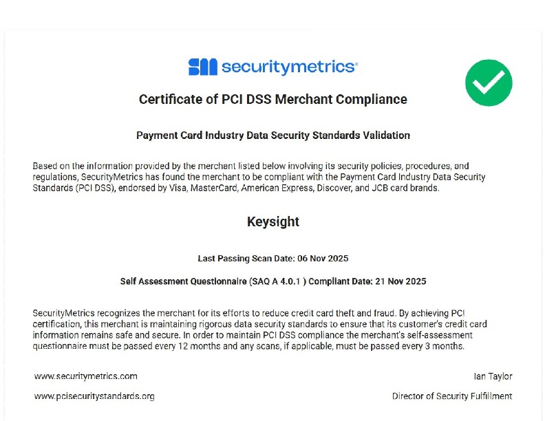 Keysight PCI-DSS Certificate