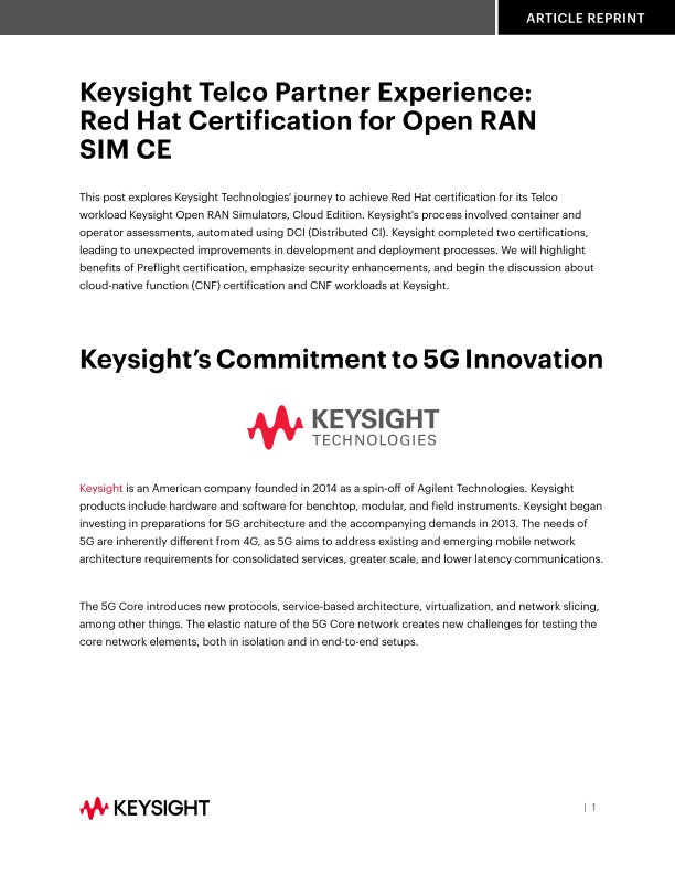 Keysight Telco Partner Experience: Red Hat Certification for Open RAN SIM CE