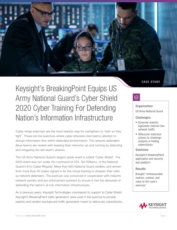 Keysight’s BreakingPoint Equips US Army National Guard's Cyber Shield 2020 Cyber Training For Defending Nation's Information Infrastructure