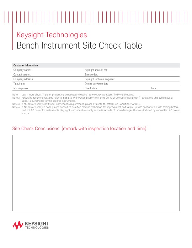 Bench Instrument Site Check Table 