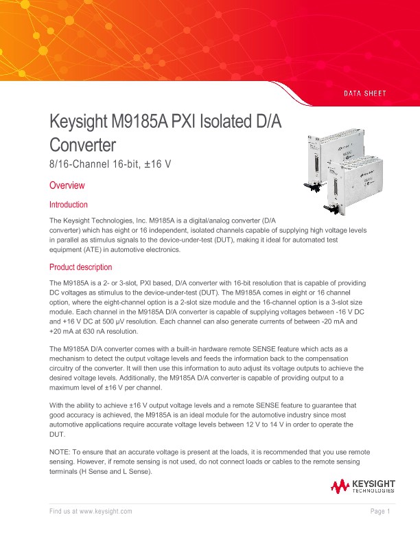 Keysight M9185A PXI Isolated D/A Converter