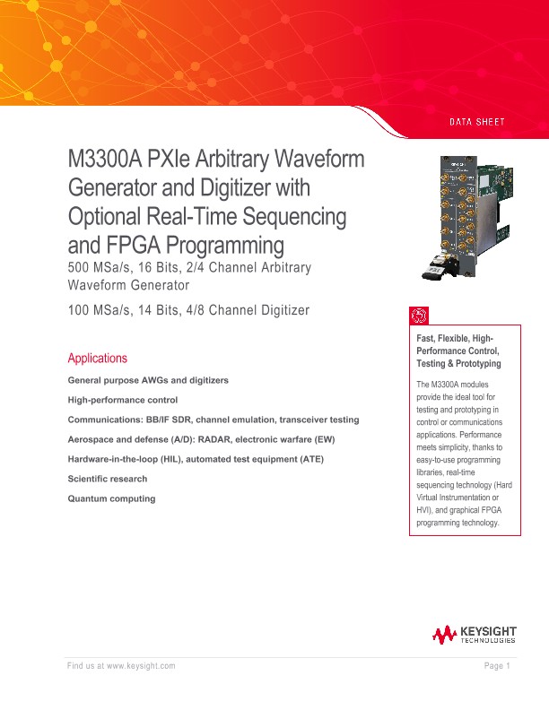 M3300A PXIe Arbitrary Waveform Generator and Digitizer with Optional Real-Time Sequencing and FPGA Programming