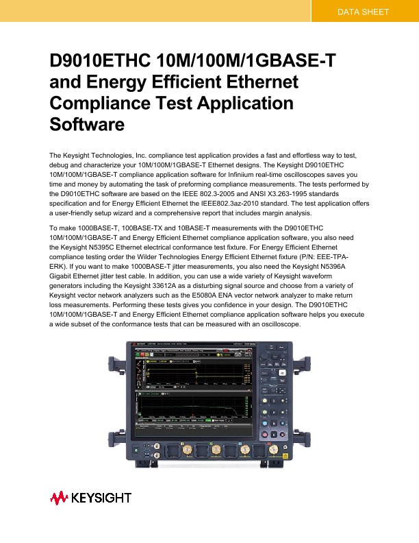 D9010ETHC 10M/100M/1GBASE-T and Energy Efficient Ethernet Compliance Test Application Software