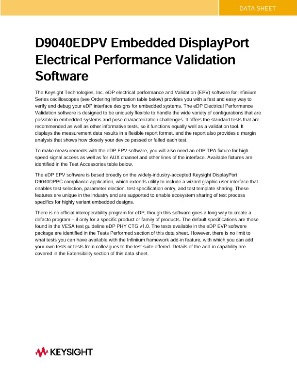 D9040EDPV Embedded DisplayPort Electrical Performance Validation Software