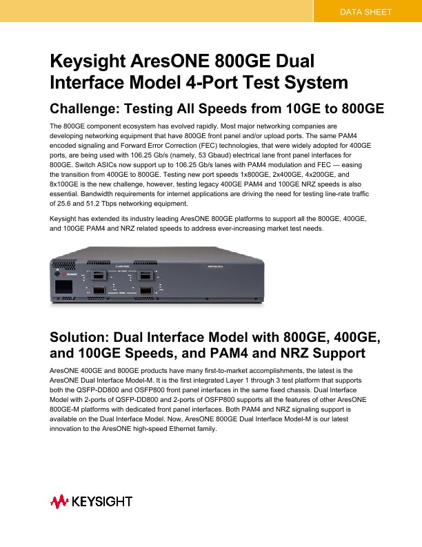 Keysight AresONE 800GE Dual Interface Model 4-Port Test System