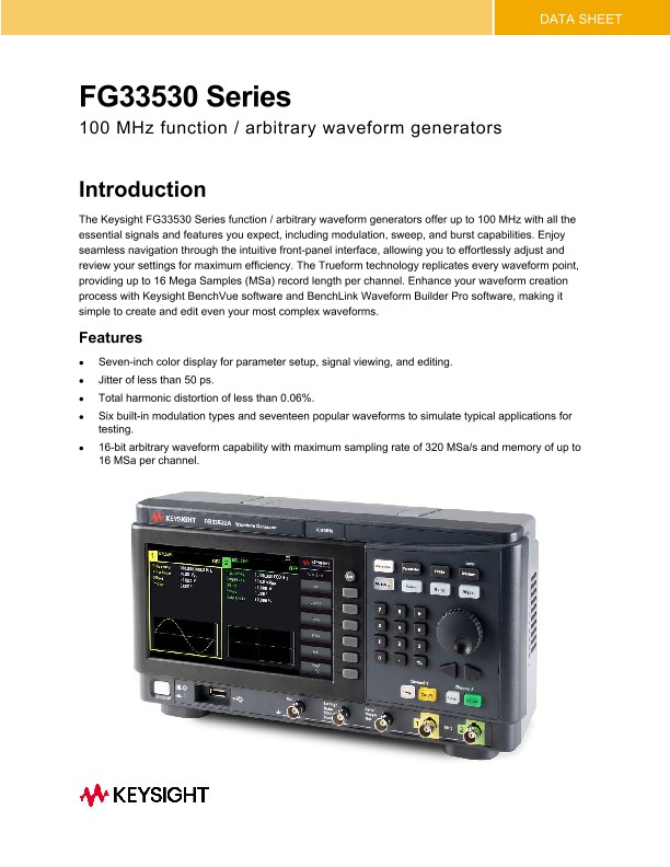FG33530 Series 100 MHz Function/Arbitrary Waveform Generators