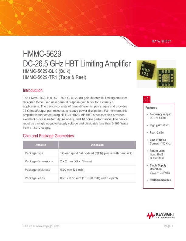 HMMC-5629 DC-26.5 GHz HBT Limiting Amplifier