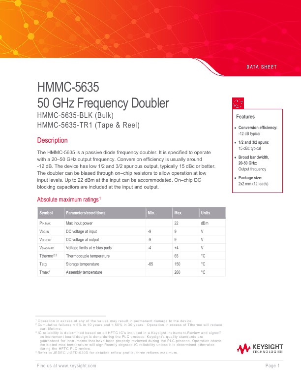 HMMC-5635 50 GHz Frequency Doubler PDF Asset Page | Keysight