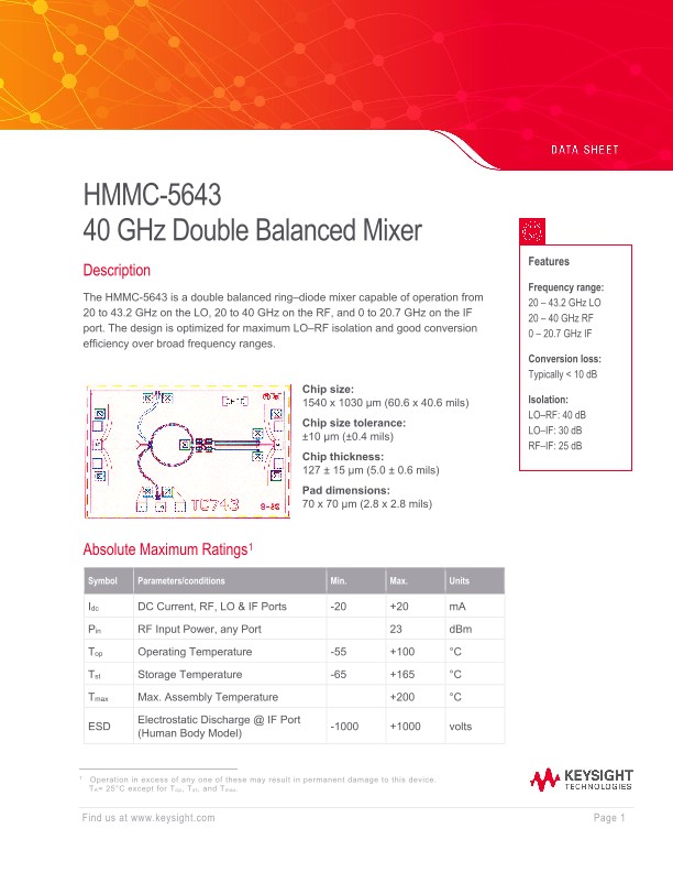 HMMC-5643 – 40 GHz Double Balanced Mixer 