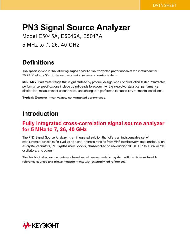PN3 Signal Source Analyzer Model E5045A, E5046A, E5047A
