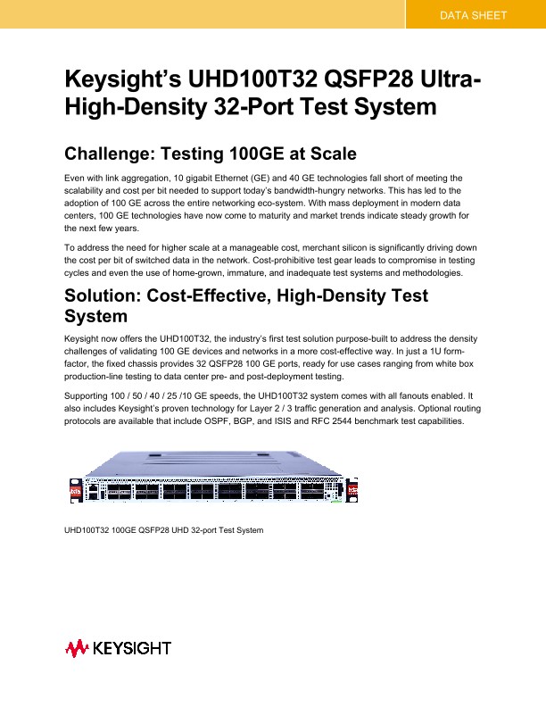 Keysight's UHD100T32 QSFP28 Ultra-High-Density 32-Port Test System