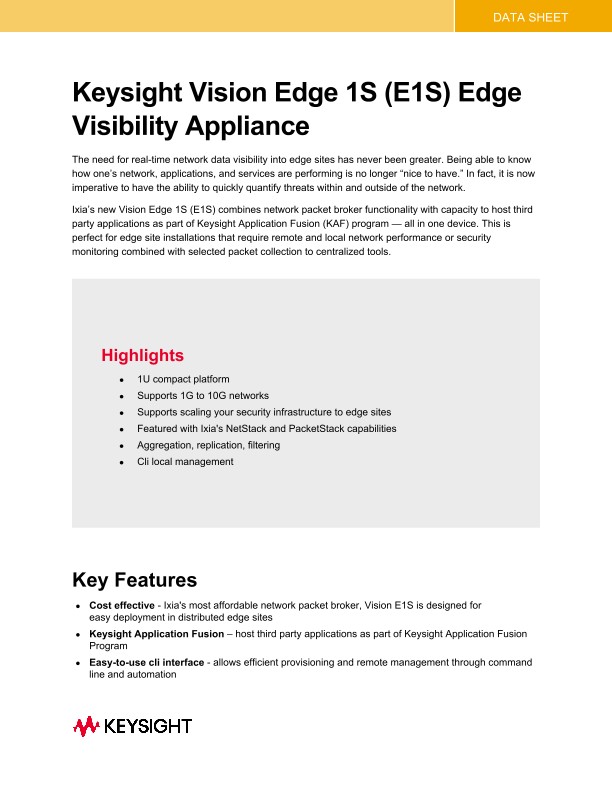 Ixia Vision Edge 1S (E1S) Edge Visibility Appliance