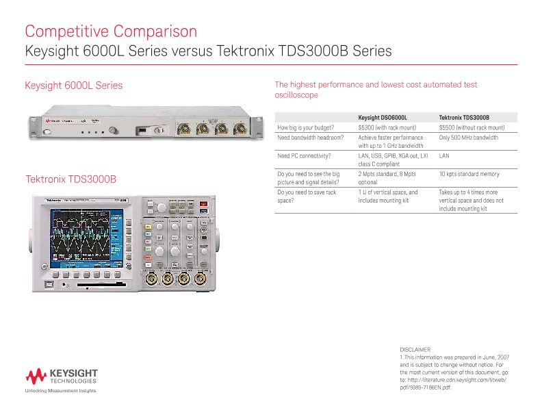 Keysight 6000L Series versus Tektronix TDS3000B Series - Competitive Comparison