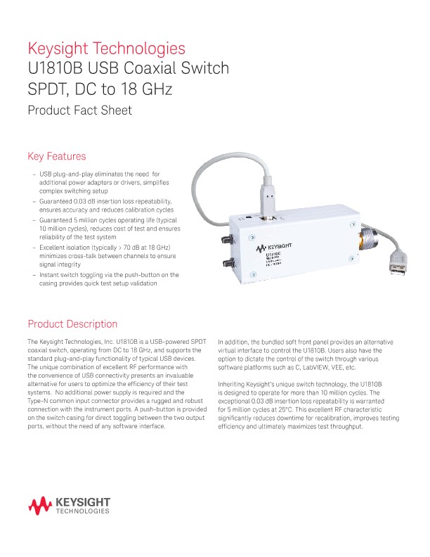 U1810B USB Coaxial Switch SPDT, DC to 18 GHz