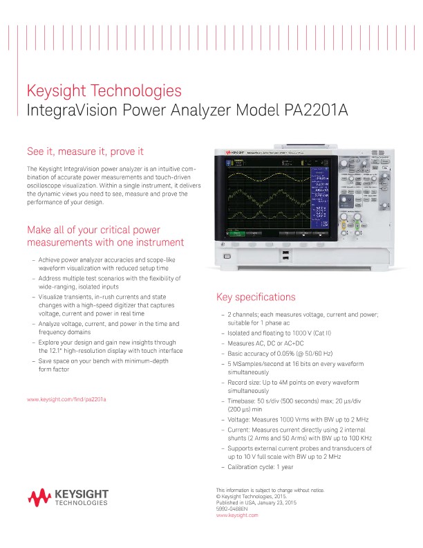 IntegraVision Power Analyzer Model PA2201A - One page flyer