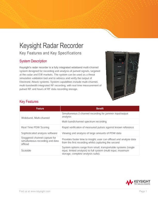 Keysight Radar Recorder Key Features and Key Specifications