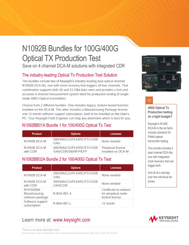 N1092B Bundles for 100G/400G Optical TX Production Test 