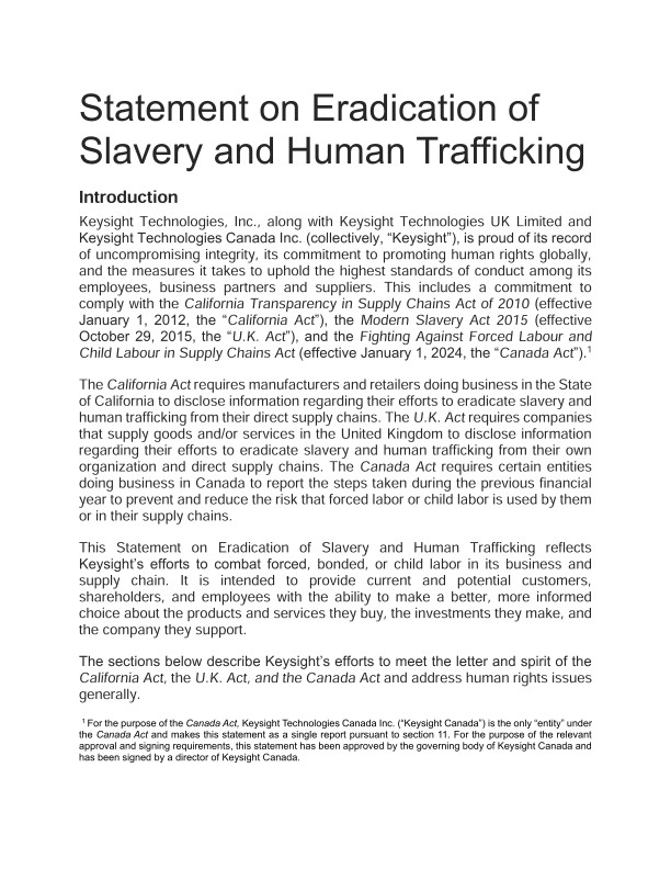 Statement on Eradication of Slavery and Human Trafficking