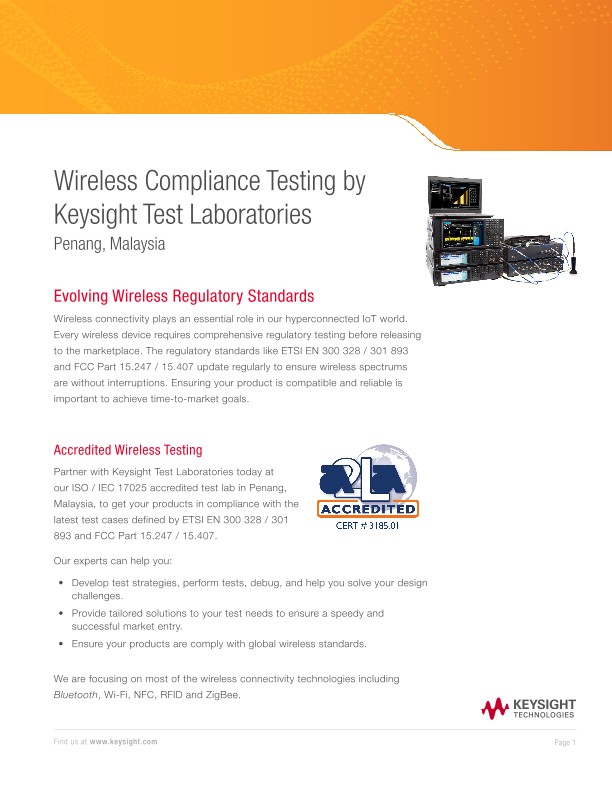 Wireless Compliance Testing by Keysight Test Laboratories Penang, Malaysia