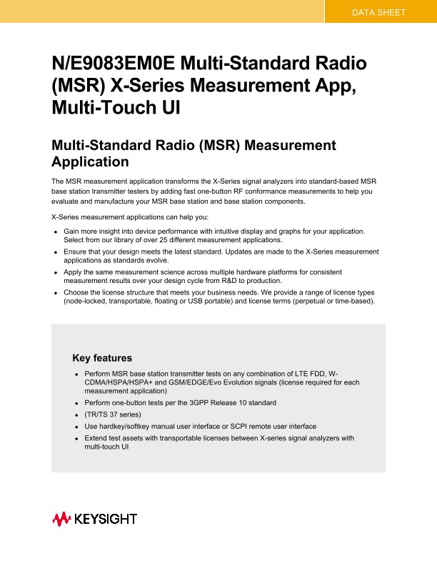 N/E9083EM0E Multi-Standard Radio (MSR) X-Series Measurement App, Multi-touch UI