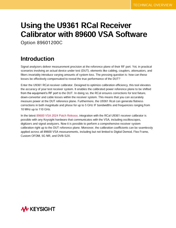 Using the U9361 RCal Receiver Calibrator with 89600 VSA Software