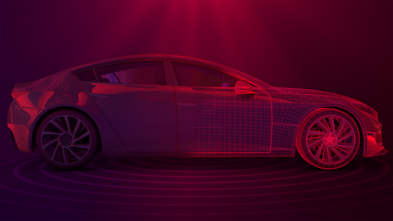 A 3D illustration of an electric vehicle in front of a city landscape