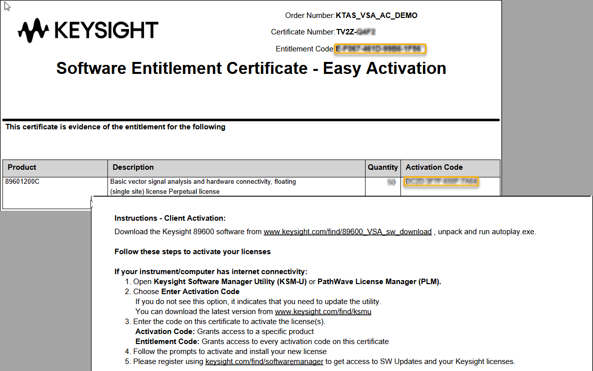 Image of Entitlement Certificate for Easy Activation