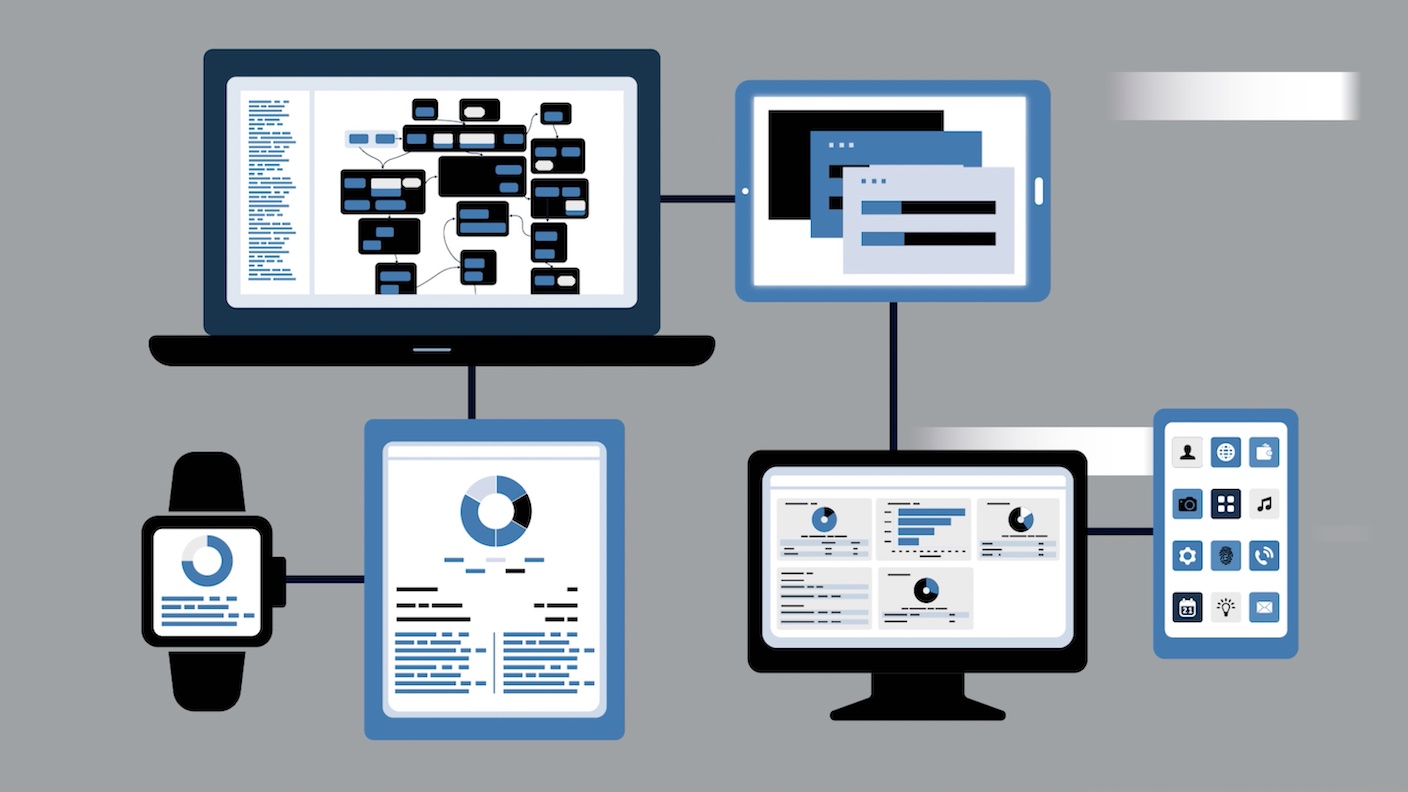 Video clip: Gray screen with blue and white illustrations representing Eggplant software running on computers
