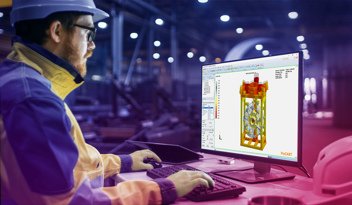 Engineer analyzing a 3D model on a computer screen