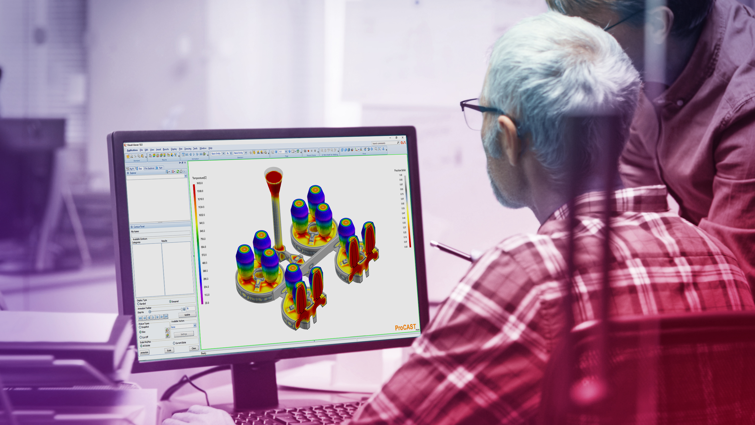 Engineer analyzing a 3D model on a computer screen