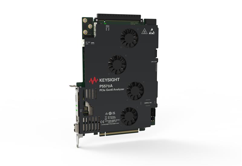 是德科技P5570A PCIe® 6.0协议分析仪系统示意图，展示中央测试板通过多条高速电缆连接两个黑色分析器模块。