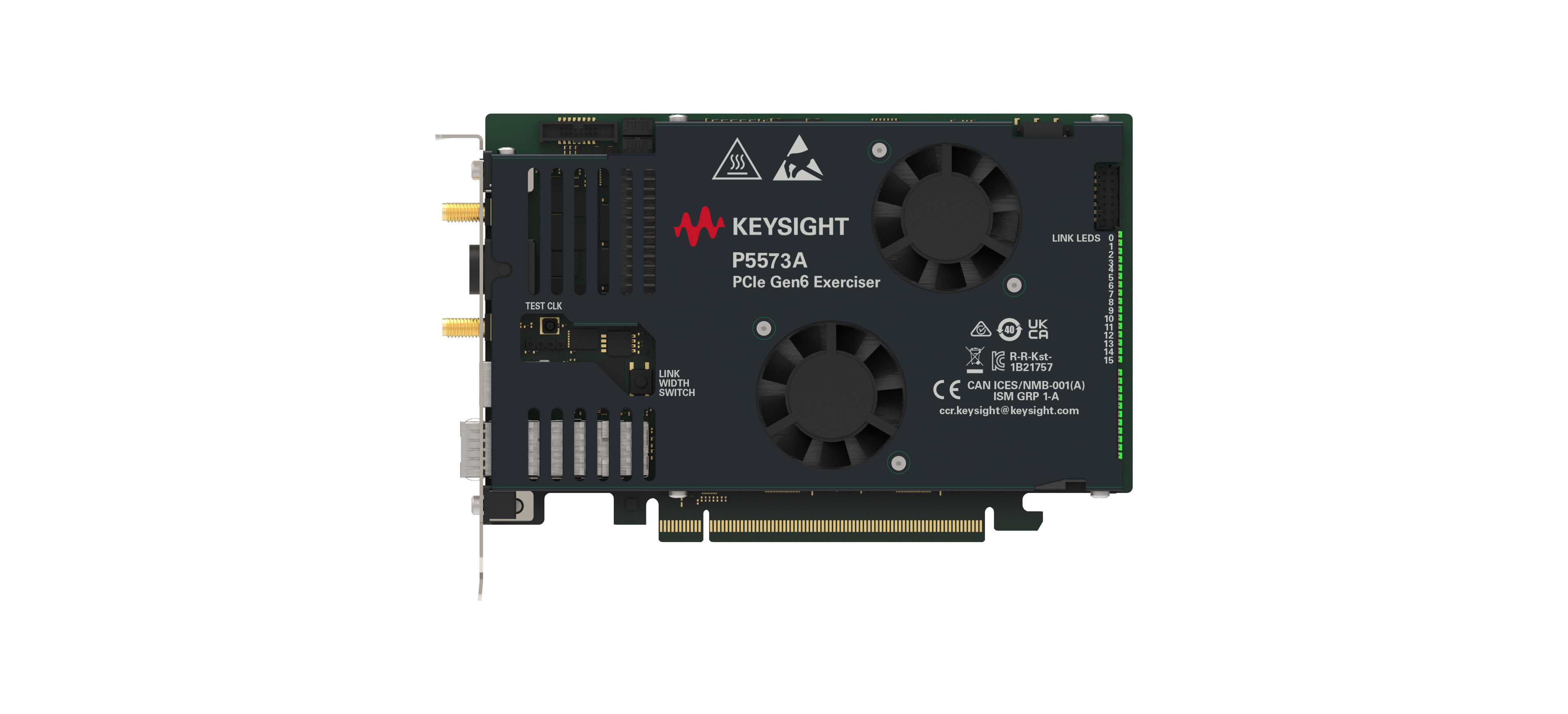 是德科技P5573A PCIe Gen6测试卡，配备双散热风扇、外部测试时钟接口、链路宽度开关及链路状态LED指示灯，专为开发和验证环境中的进阶 Gen6协议测试而设计。