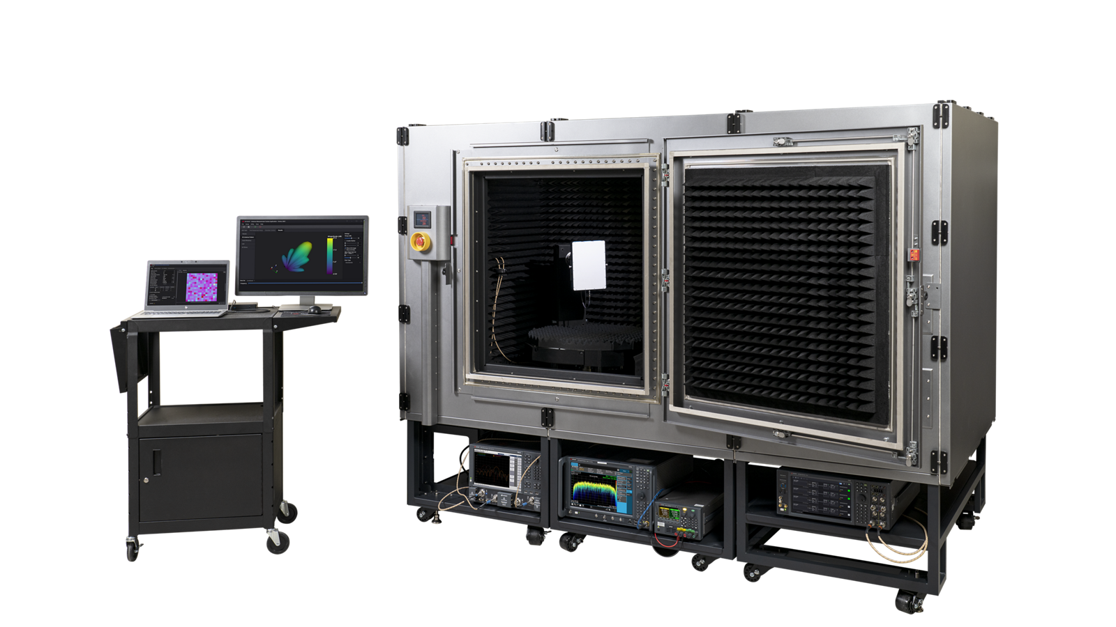 Three advanced RF test enclosures from Keysight Technologies are shown. On the left is the F9650A Compact Antenna Test Range (CATR), in the center is the F9651A Multi-Probe CATR integrated with the S8700 5G Test System featuring external instrumentation racks and a built-in monitor, and on the right is a larger, shielded test chamber. All units are metallic with industrial designs, equipped with safety interlocks and ventilation panels, and used for over-the-air (OTA) 5G and antenna performance testing.