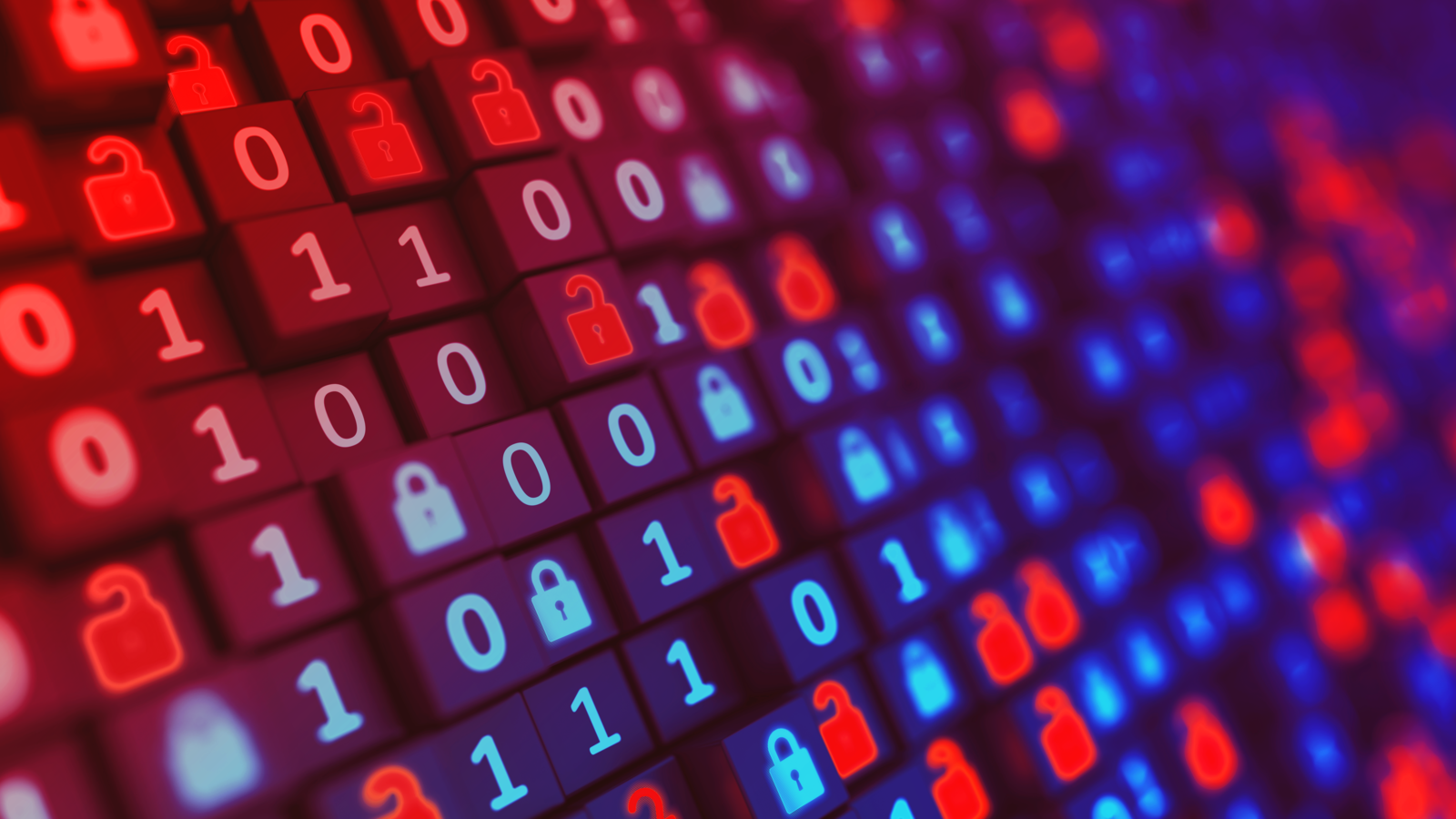 A grid of cubes displaying binary digits and locked and unlocked padlock icons, transitioning from red to blue.