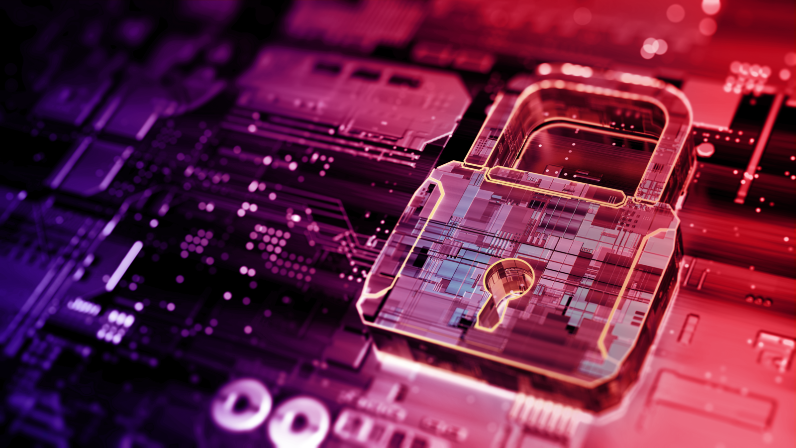 A glowing translucent padlock with a keyhole sits on a circuit board, lit in purple and red tones.