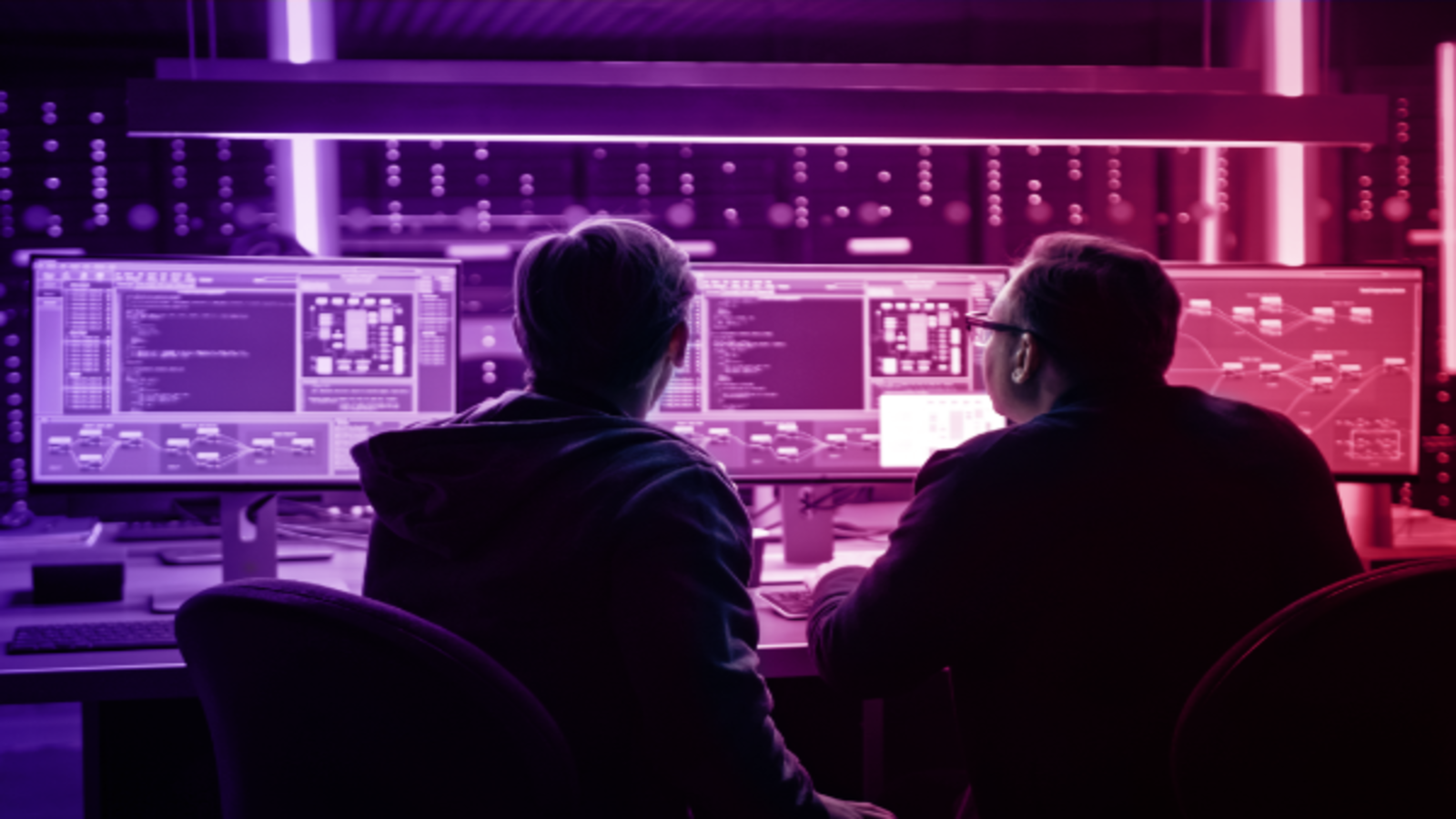 Two people seen from behind working at multiple monitors displaying code and network diagrams in a dark control room lit by purple and pink lighting.