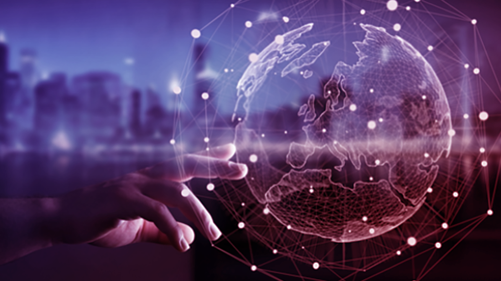 Hand reaching toward a glowing globe surrounded by a network of connected nodes