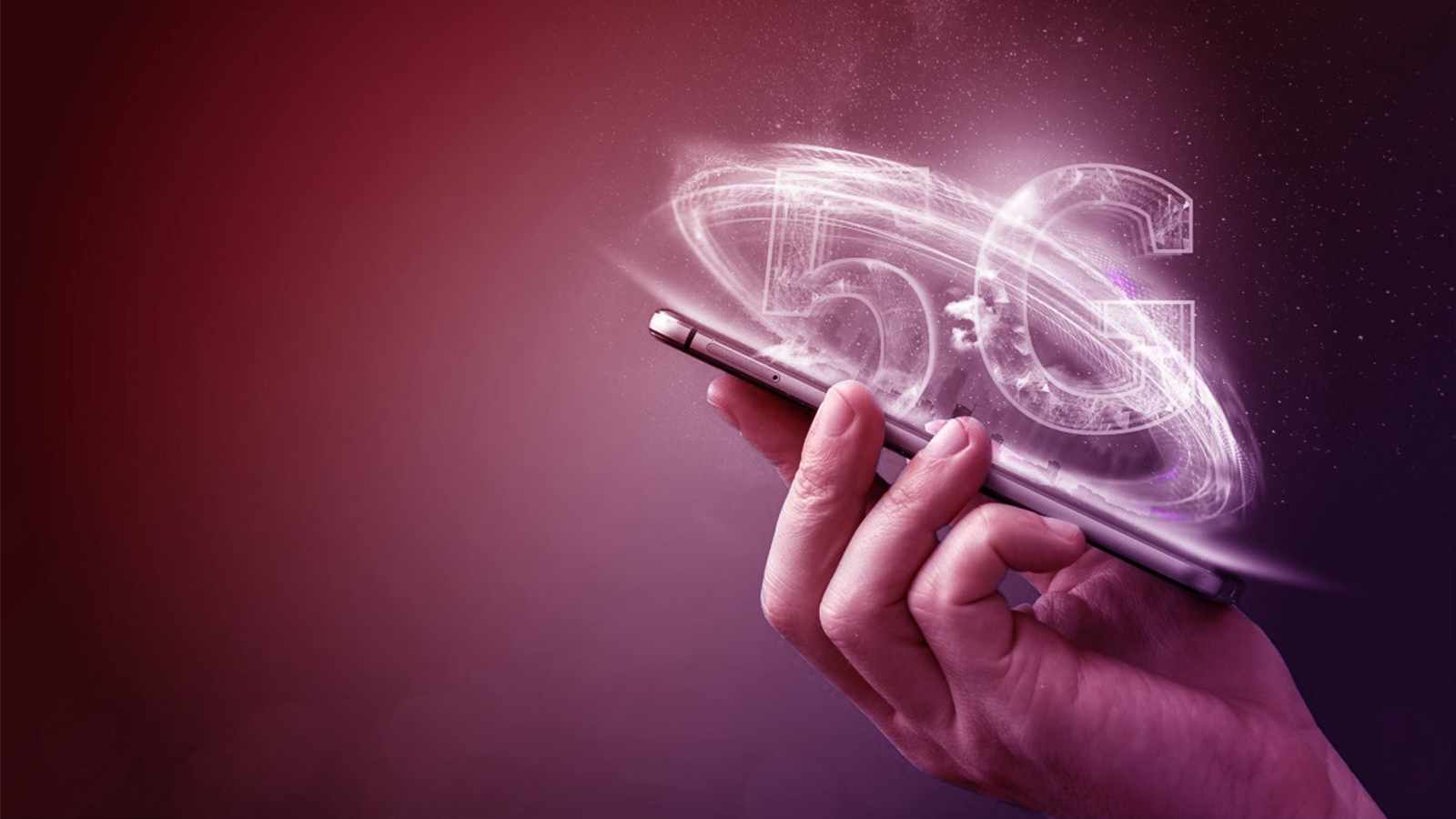 Hand holding a smartphone with 5G overlay