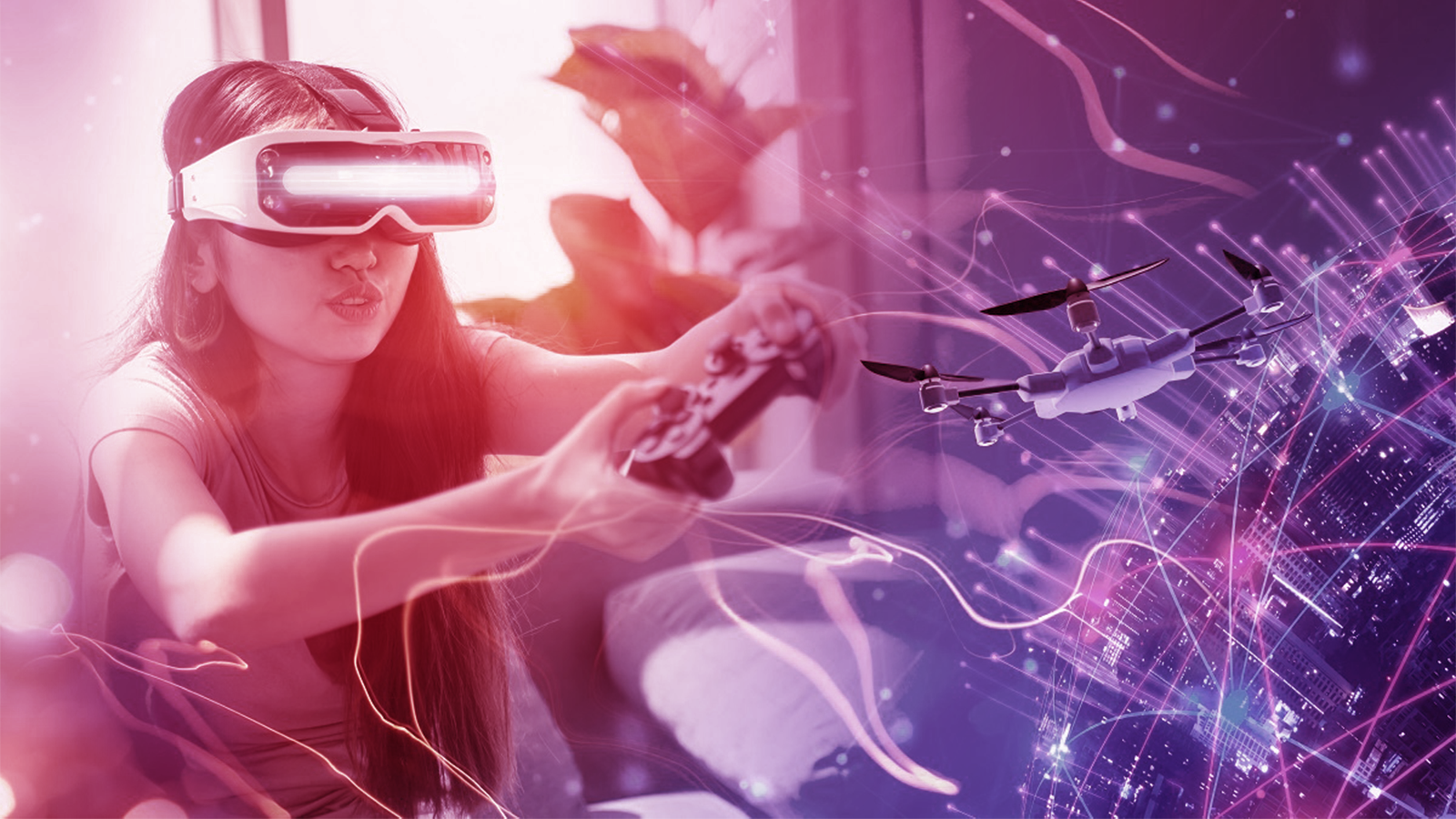 Person using VR headset with overlay showing video game
