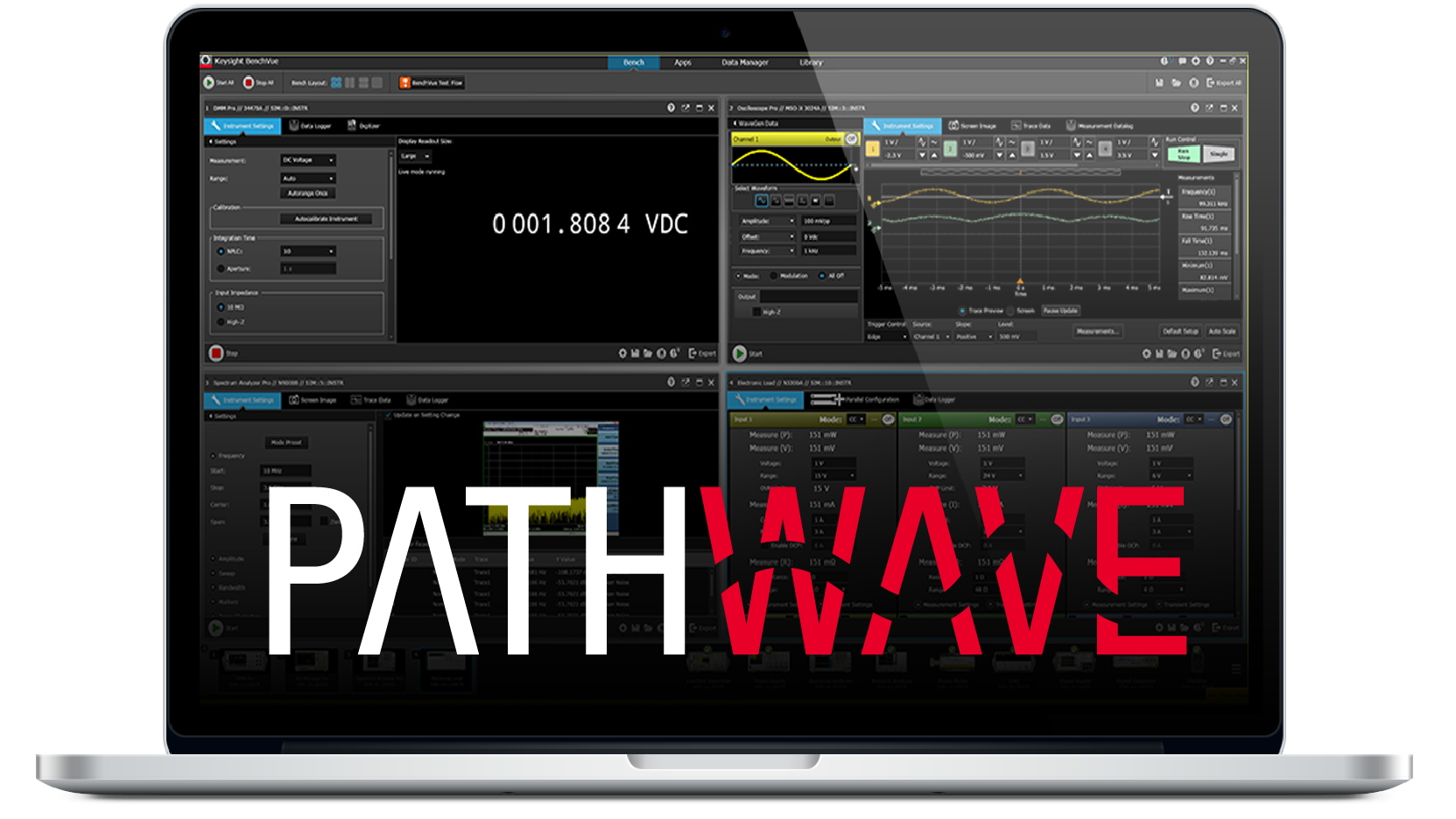 一台笔记本电脑显示PathWave 与测试软件的画面