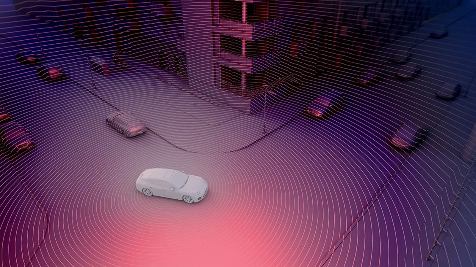 自动驾驶汽车利用激光雷达传感器来探测周围的建筑物和车辆。