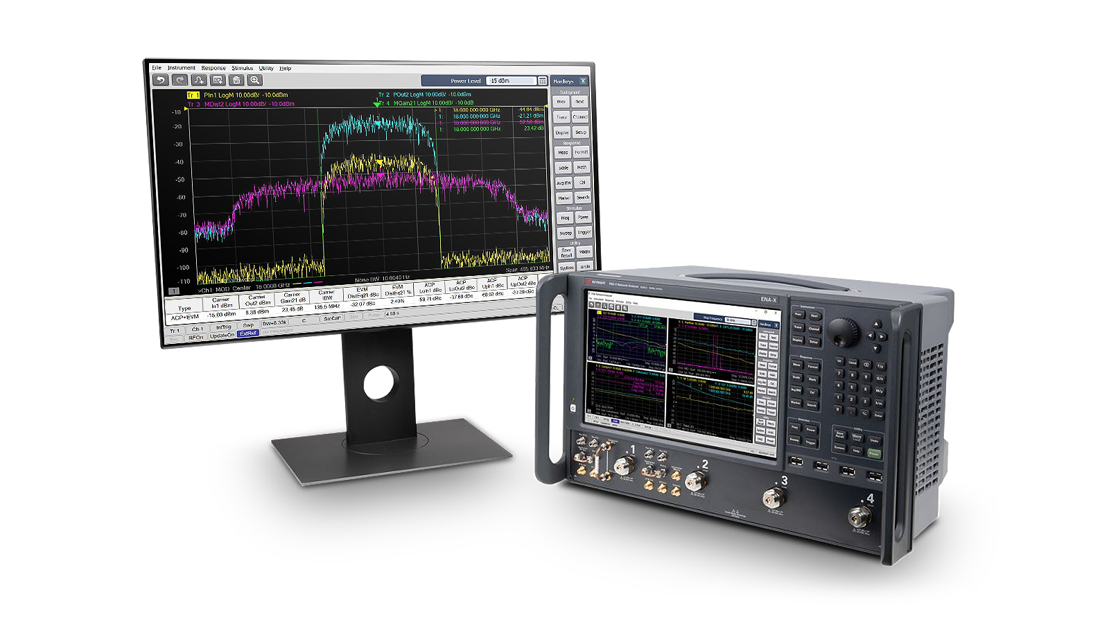 E5081A ENA-X network analyzer with modulation distortion software on a desktop monitor