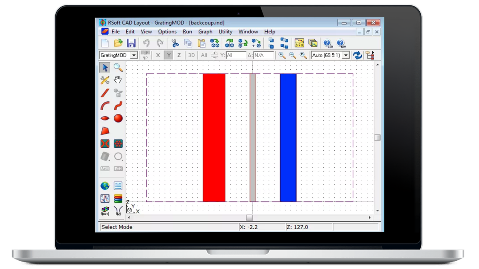 RSoft GratingMOD CMT simulation software on laptop screen