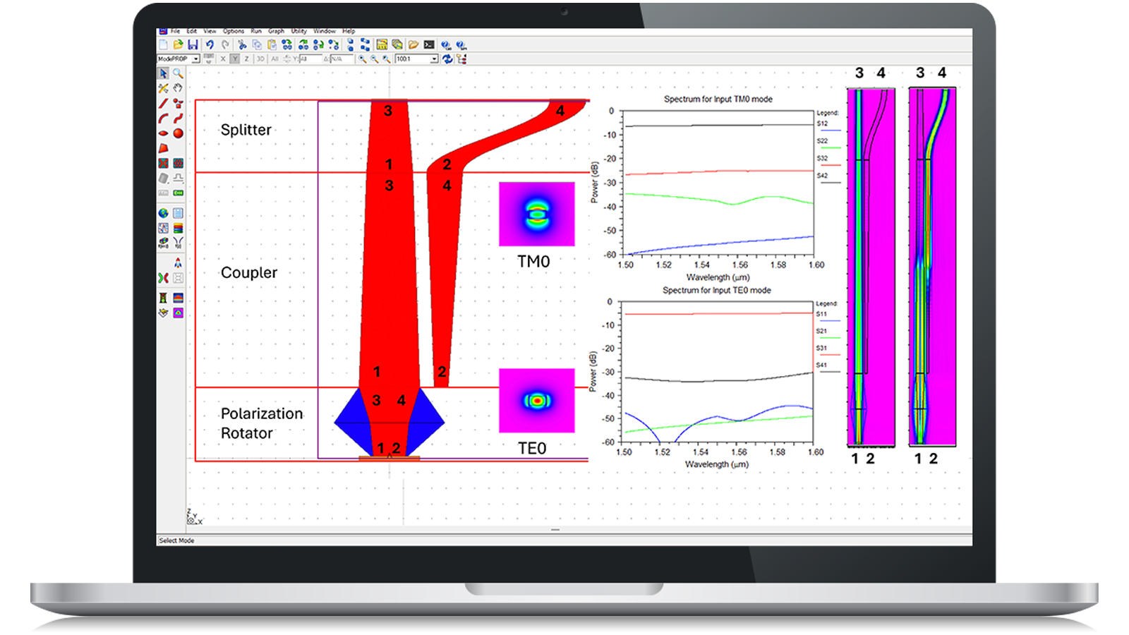 RSoft Photonic Device Compiler software on laptop screen